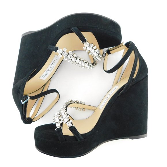 New JIMMY CHOO BING Black Suede Leather Crystal Strap Wedge Heel Sandals 37.5 - Picture 5 of 10